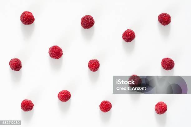 Raspberries On White Background Stock Photo - Download Image Now - Raspberry, Flat Lay, Directly Above