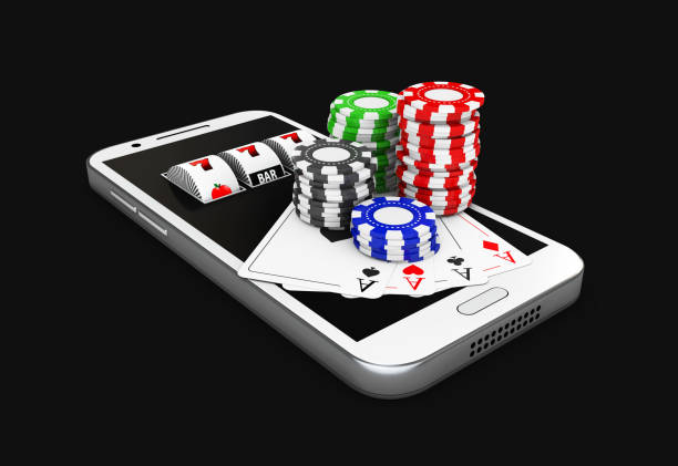istock 3d Illustration, Mobile phone and chips, Online casino concept. isolated black 682216452