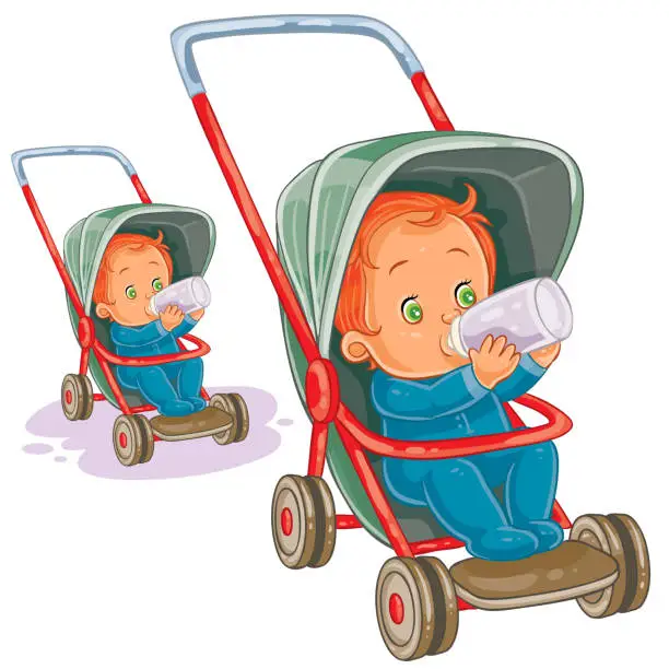 Vector illustration of Vector illustration of a baby sitting in a baby stroller and drinking milk from a baby bottle.