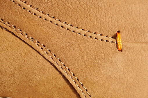 Macro Detail Of A Brown Leather Thread Stitching Brand New Shoe As