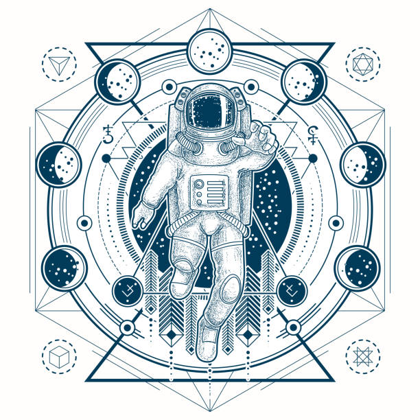 Vector sketch of a tattoo with astronaut in a space suit and moon phases Vector illustration of a astronaut in a space suit in the background of a night starry sky, geometric sketch of a tattoo with moon phases. Print astronaut designs stock illustrations