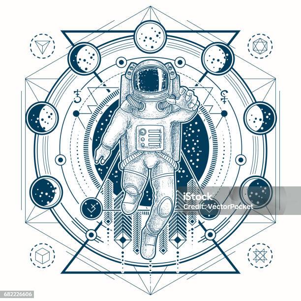 Vector Sketch Of A Tattoo With Astronaut In A Space Suit And Moon Phases Stock Illustration - Download Image Now