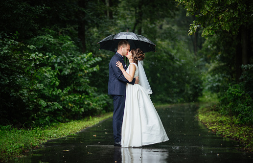Lovely just married couple kissing in nature