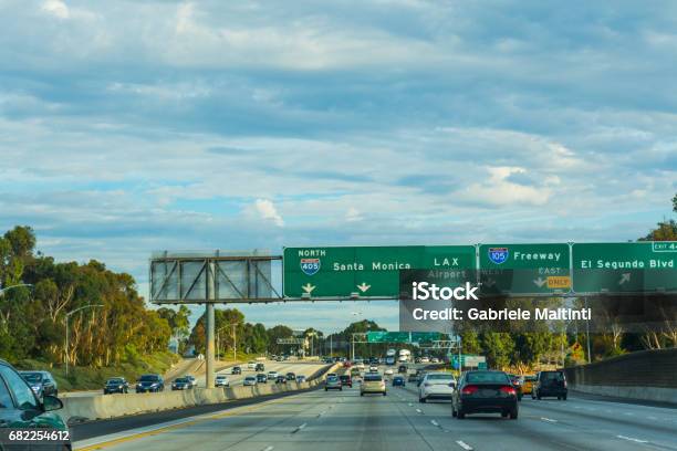 Traffic In 405 Freeway Northbound Stock Photo - Download Image Now - Multiple Lane Highway, City Of Los Angeles, Sign