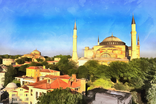 Colorful painting of Hagia Sophia, Istanbul, Turkey