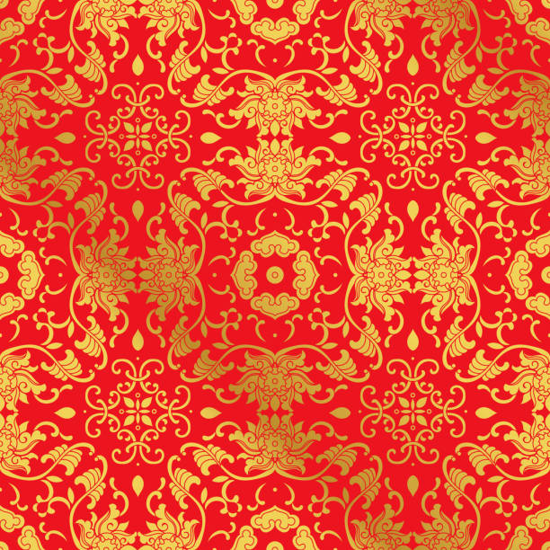 istock Seamless Golden Chinese Background Asian botanic garden spiral vine leaf flower chintz 682264954