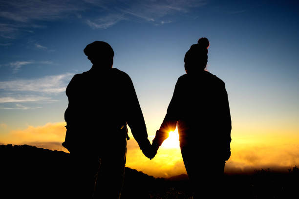 istock Silhouette of couple holding hands at sunset 682269042