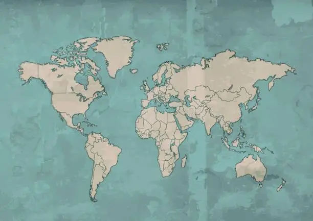 Vector illustration of World map beige retro design wooden background