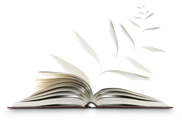 Conceptual image of an open novel or book with pages flying away as if turning into winged birds. The image is isolated on a white background with a drop shadow placing the book on the white surface.