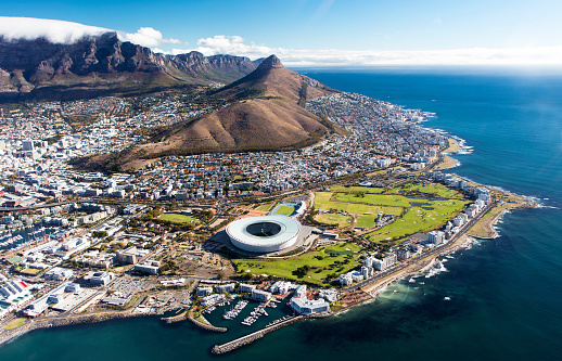 Overall aerial view of Cape Town, South Africa from helicopter wigth a view on Table Mountain and stadium