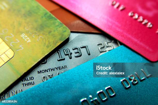 Stack Of Multicolored Credit Cards Closeup View With Selective Focus Stock Photo - Download Image Now