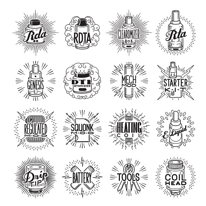 A set of 16 retro styled vaping icon set in black and white. Each icon is grouped individually.