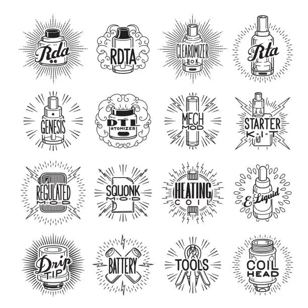 Vector illustration of retro styled vaping icon set in black and white