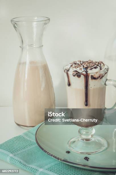 Hot Coffee Latte With Thick Foam And Grated Chocolate Vintage Toned Stock Photo - Download Image Now