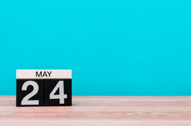May 24th. Day 24 of month, calendar on turquoise background. Spring time, empty space for text May 24th. Day 24 of month, calendar on turquoise background. Spring time, empty space for text. may 24 calendar stock pictures, royalty-free photos & images