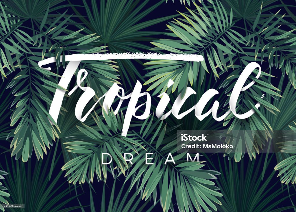 Summer tropical vector design for banner or flyer with dark green palm leaves and lettering Summer tropical design for banner or flyer with dark green tropical palm leaves lettering. Vector illustration. Leaf stock vector