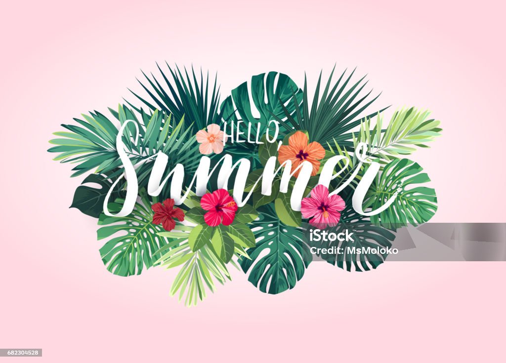 Summer tropical vector design for banner or flyer with exotic palm leaves, hibiscus flowers and handlettering Summer tropical design for banner or flyer with exotic palm leaves, hibiscus flowers and lettering. Vector illustration. Summer stock vector