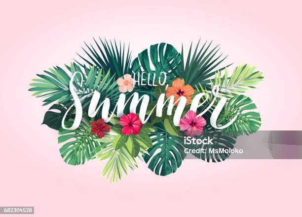 Summer Tropical Vector Design For Banner Or Flyer With Exotic Palm Leaves Hibiscus Flowers And Handlettering Stock Illustration - Download Image Now