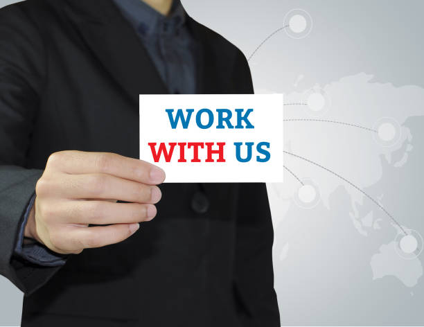 istock Businessman holding card with work with us about invitation concept 682305698