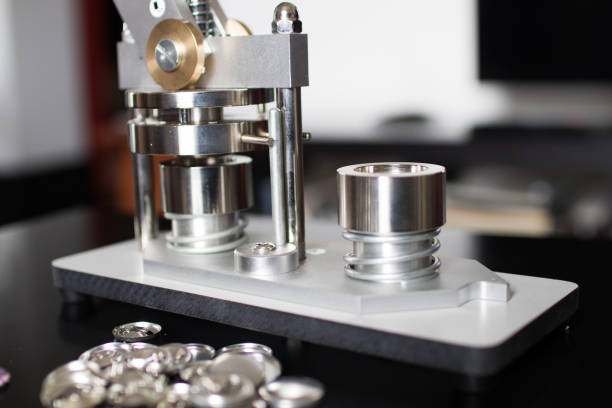 istock Pins press machine with empty pins and ready pins. Press button maker for 2,5 cm badge. 682308200