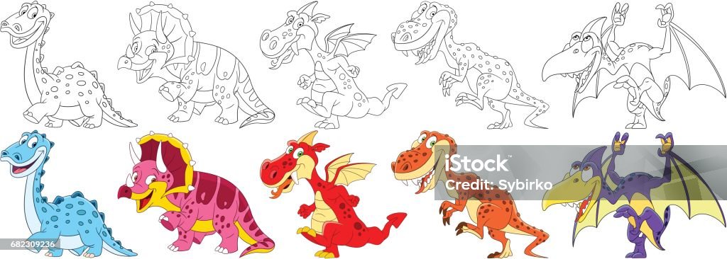 cartoon dinosaurs set Cartoon animal set. Collection of dinosaurs in jurassic period. Diplodocus, triceratops, dragon, tyrannosaurus rex, pterodactyl. Coloring book pages for kids. Dinosaur stock vector