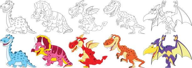 cartoon dinosaurs set Cartoon animal set. Collection of dinosaurs in jurassic period. Diplodocus, triceratops, dragon, tyrannosaurus rex, pterodactyl. Coloring book pages for kids. dinosaur drawing stock illustrations