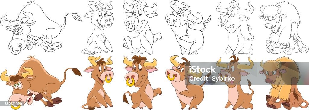 cartoon bulls set Cartoon animal set. Childish collection of farm cattle. Bull, buffalo, bison, ox, yak, calf. Coloring book pages for kids. Bull - Animal stock vector