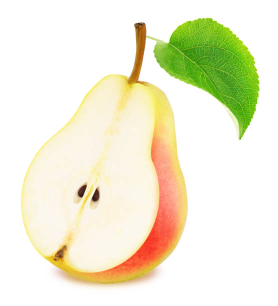 istock Half of ripe pear with leaf isolated 682313590