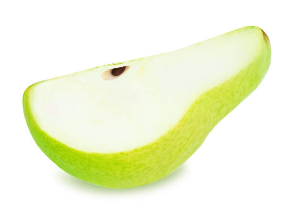 istock Slice of ripe green pear with leaf isolated 682316014