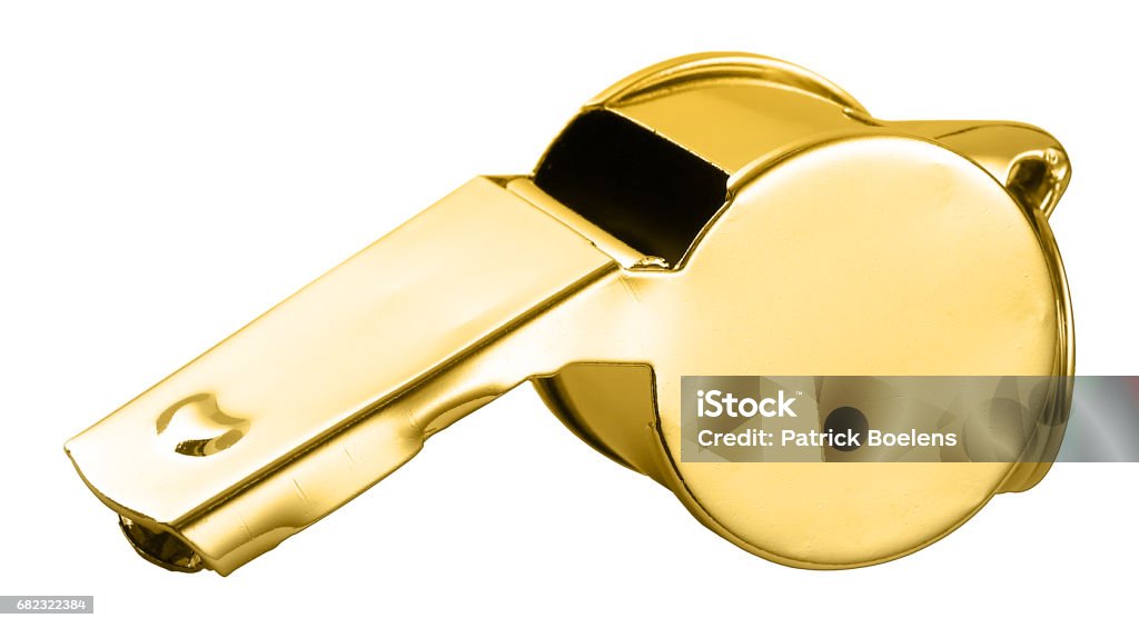 Silbato de oro aislada contra el fondo blanco - Foto de stock de Silbato libre de derechos