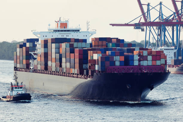 grand cargo assisté par un remorqueur dans le port de hambourg - piloting commercial dock harbor industrial ship photos et images de collection