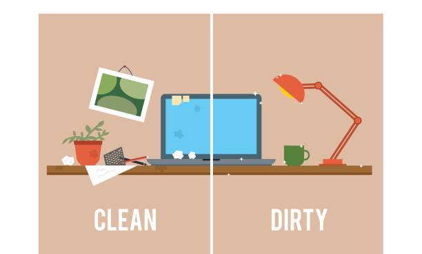 Dirty and clean work table. Dirty and clean work table. Creative mess. Disorder in the interior. Table before and after cleaning. Flat style vector illustration. messy vs clean desk stock illustrations