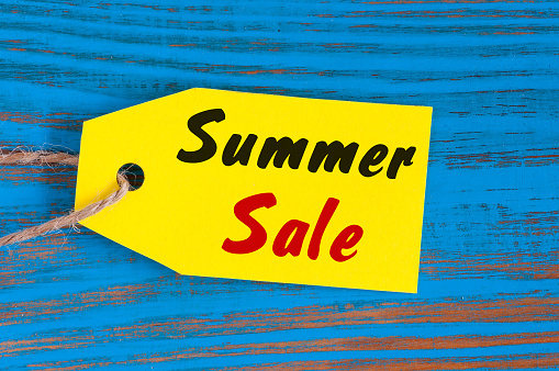 Sale price reduction tag for discounts. Summer sale.