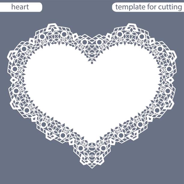 istock Greeting card with openwork border, paper doily under the cake, template for cutting in the form of heart, wedding invitation, decorative plate is laser cut,  vector illustrations. 682332258