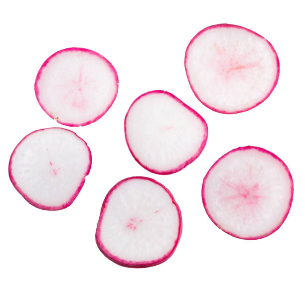 istock Siced red radish isolated on white background 682332576