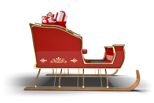 Santa Claus sleigh with sack full of Christmas gifts on a white background with clipping path.