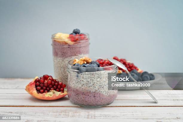 Pudding With Chia Seeds Stock Photo - Download Image Now - Banana, Berry, Blueberry