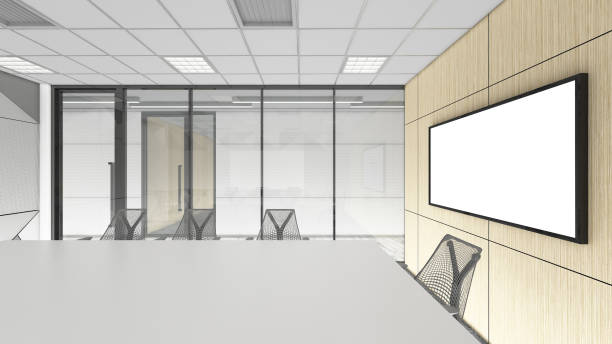 istock empty meeting room in office corporate, 3d render interior design, mock up illustration 682349630