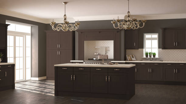 istock Classic kitchen, scandinavian minimal interior design with wooden and brown details 682353588