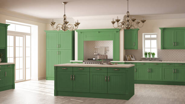 istock Classic kitchen, scandinavian minimal interior design with wooden and green details 682356366