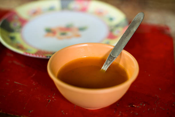 istock Vegetable soup in plastic bowl. Trekking in Markha valley (Hangkar, Ladakh) 682356782