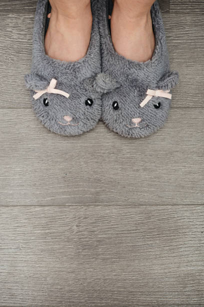 A pair of feet wearing cow print slippers isolated on white with shadow.