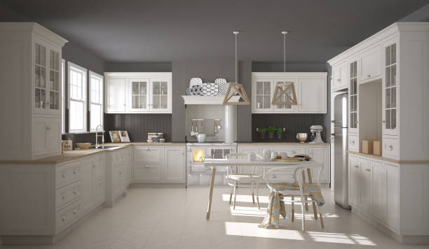 istock Scandinavian classic white kitchen with wooden details, minimalistic interior design 682363024