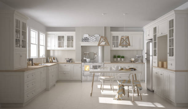 istock Scandinavian classic white kitchen with wooden details, minimalistic interior design 682363138
