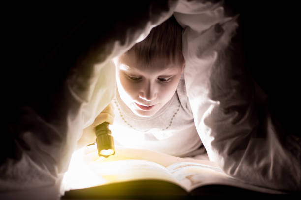 istock Brother are reading a book under a blanket with flashlight. 682366640