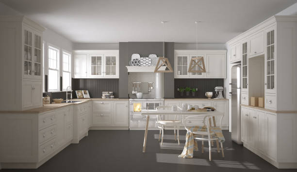 istock Scandinavian classic white kitchen with wooden details, minimalistic interior design 682366648