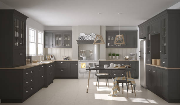 istock Scandinavian classic white kitchen with wooden details, minimalistic interior design 682367154