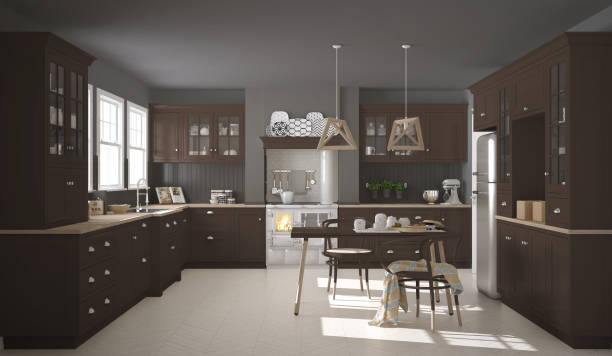 istock Scandinavian classic kitchen with wooden and brown details, minimalistic interior design 682367588