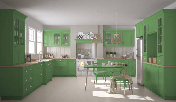 istock Scandinavian classic kitchen with wooden and green details, minimalistic interior design 682370836