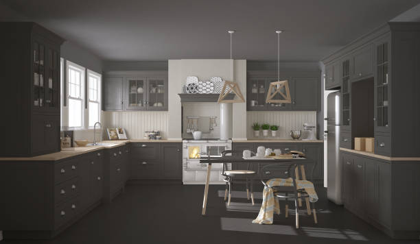 istock Scandinavian classic gray kitchen with wooden details, minimalistic interior design 682373816